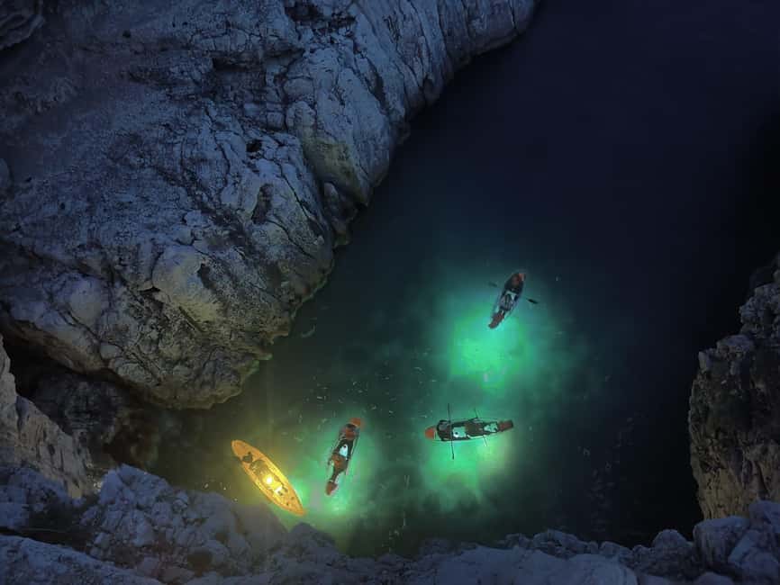 Pula: Cave Sunset/Night Tour in Transparent Kayak - Looking through the clear bottom after dark